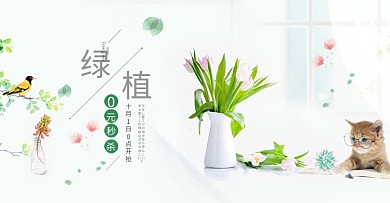 小清新桌面绿色植物猫咪多肉绿植促销海报banner