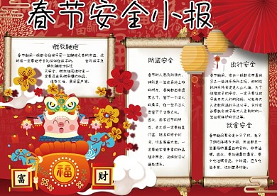 红色卡通中国风学生春节安全小报手抄报电子模板