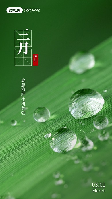 三月你好唯美手机海报