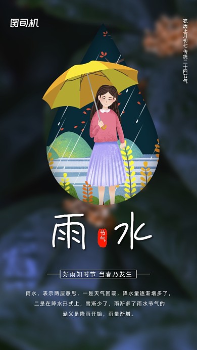 雨水节气卡通插画节气手机海报