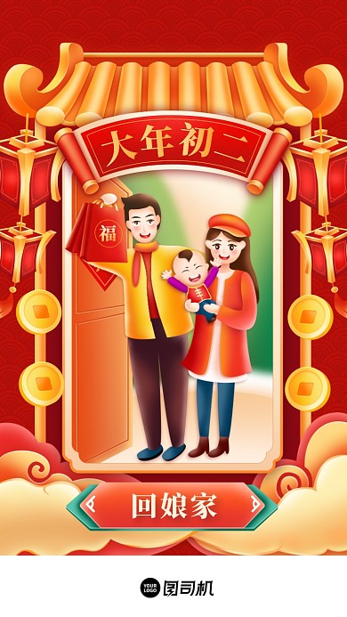春节年俗大年初二喜庆插画系列手机海报