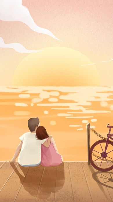 日落动画海岸情侣相拥人物海报