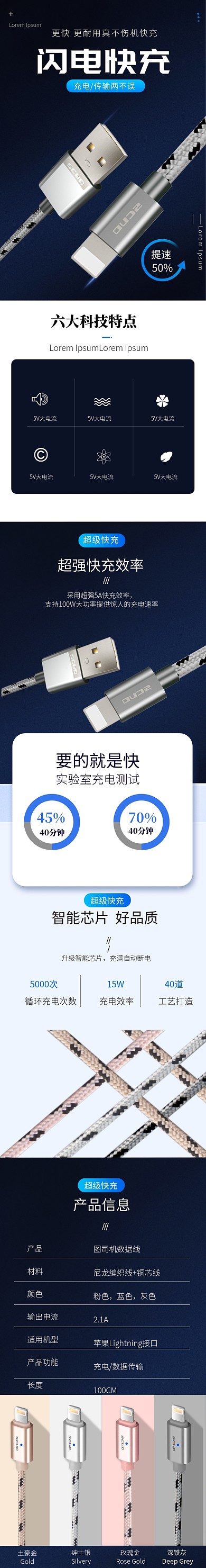 简约蓝色数据线充电器数码3C详情页