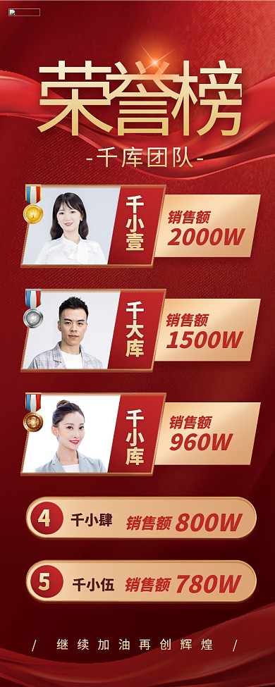 销售团队表彰排行榜红金色简约营销长图