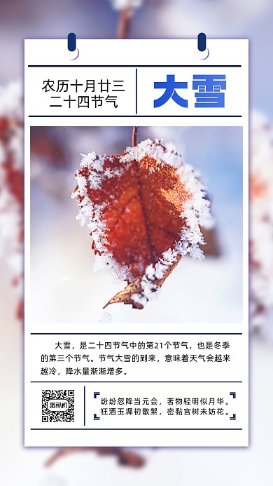 二十四节气大雪简约节气手机海报