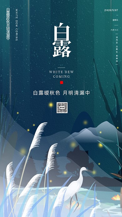 卡通插画仙鹤白露节气手机海报