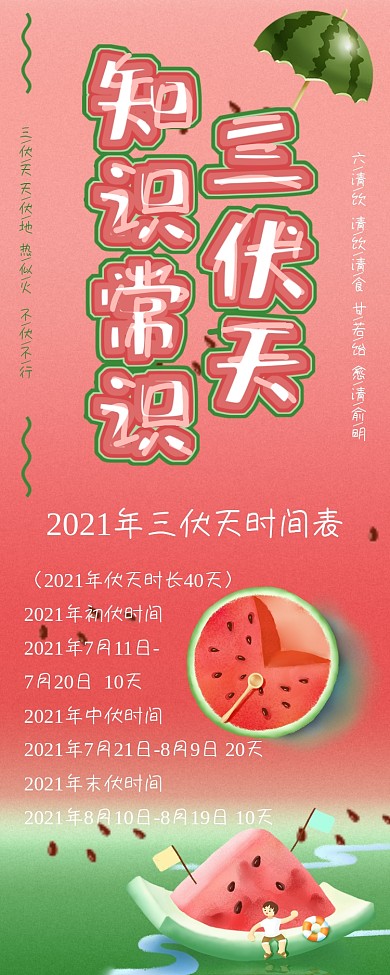 小清新可爱手绘西瓜三伏天知识常识信息长图
