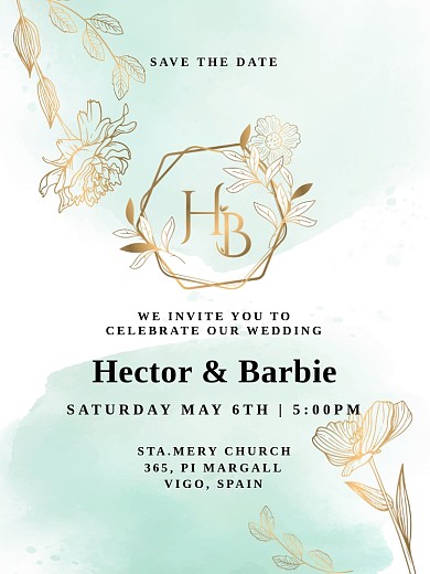 矢量简约水彩插画淡雅小清新婚礼邀请函海报