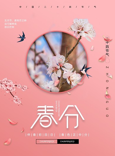 粉色唯美樱花二十四节气春分宣传海报