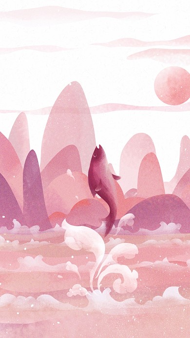 唯美清新粉色励志鱼破水而出插画手机壁纸