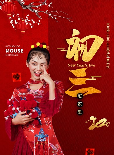 红色大气大年初三新年海报