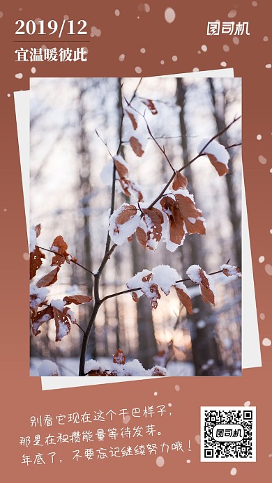 棕褐色背景月签冬季下雪美图海报