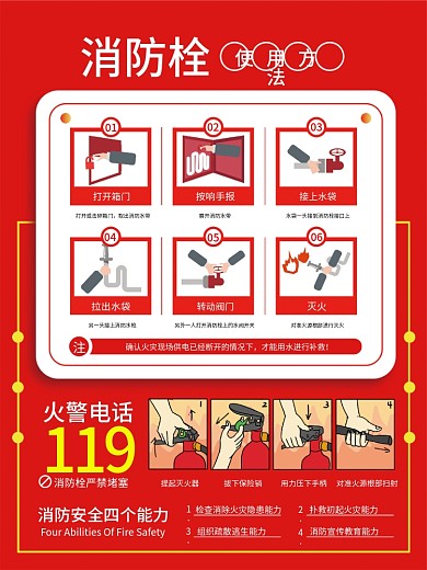 红色简约消防栓使用方法海报