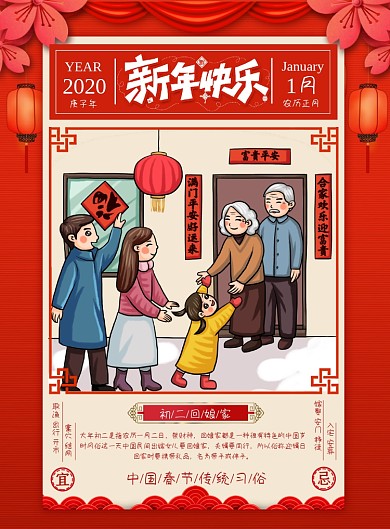 红色创意卡通新年初二海报