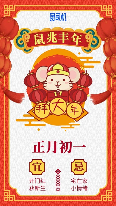 2020鼠年卡通日签日历初一手机海报