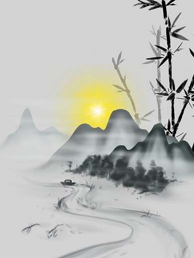 水墨画山水画河流日出竹子