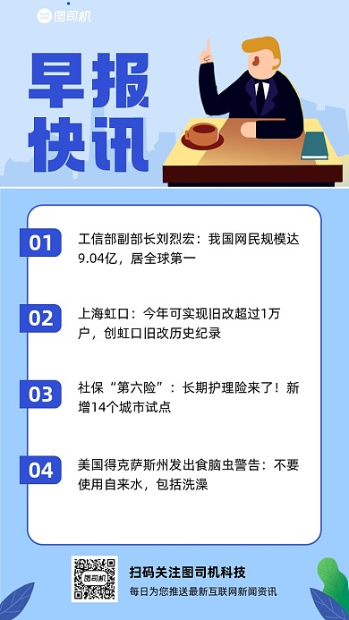早报快讯蓝色商务风卡通手机海报