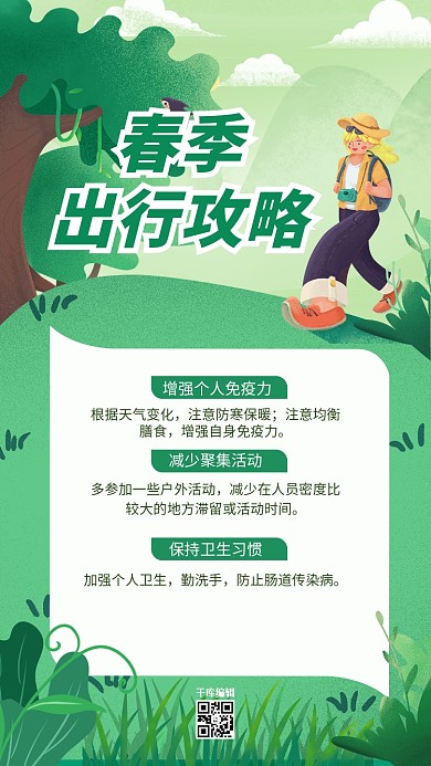 出行攻略旅游男孩绿色简约风海报