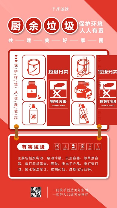 垃圾分类有害垃圾 红色简约海报