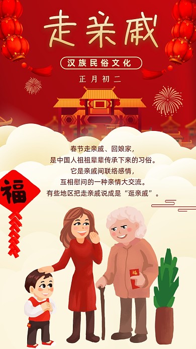 走亲戚新年民俗手绘卡通手绘海报