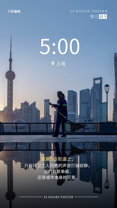 24小时5点环卫工人蓝色简约海报