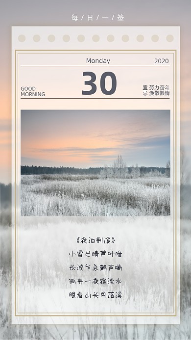 小雪芦苇摄影早安日签清新简约手机海报