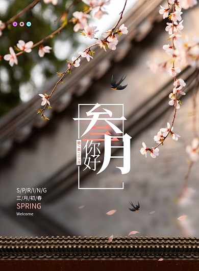 简约唯美三月你好宣传海报