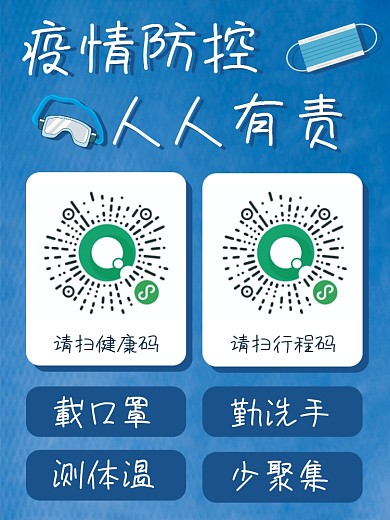 疫情防控健康码行程码海报扁平蓝色简约口罩