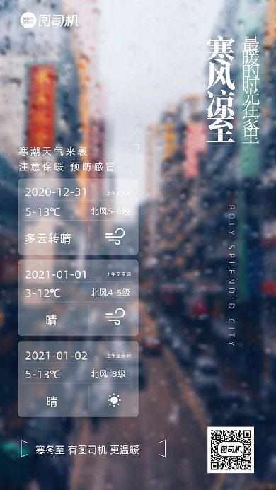 寒潮来袭温馨提示简约手机海报