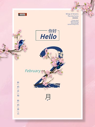 粉色文艺清新你好2月你好二月你好节日海报