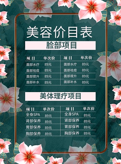 小清新美容价目表宣传海报