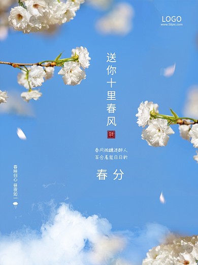 二十四节气春分立春白色樱花春天节气海报