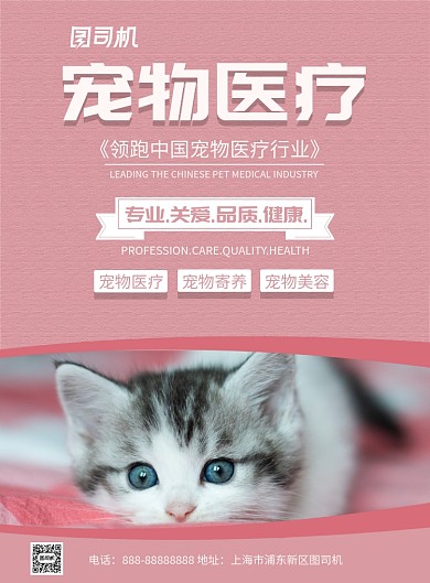 粉红色插画宠物医院印刷海报模板
