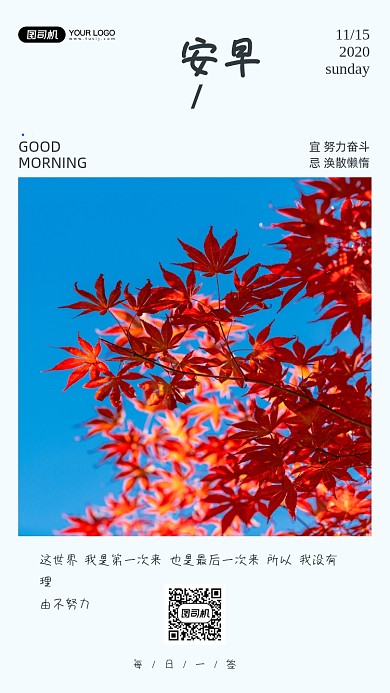 枫叶摄影早安日签清新简约手机海报