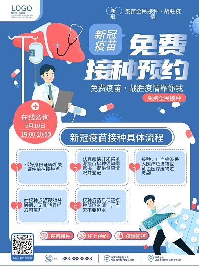 原创卡通手绘风新冠疫苗接种流程图宣传海报