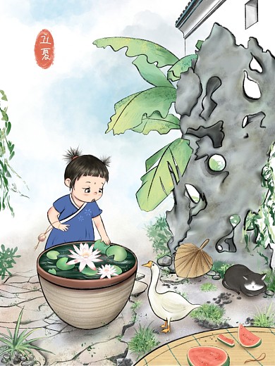 古风夏天立夏水缸睡莲蒲扇芭蕉场景插画