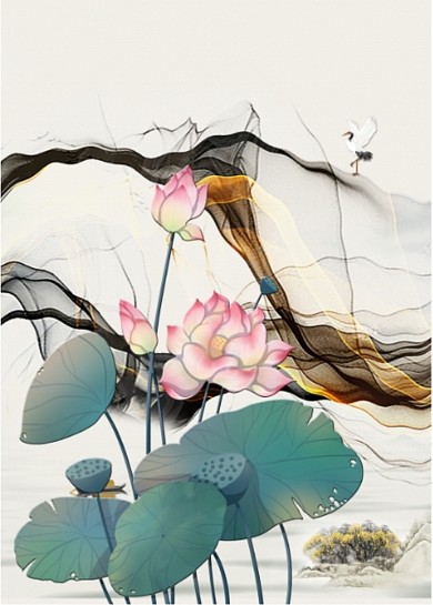 新中式水墨国画荷花玄关背景墙装饰画