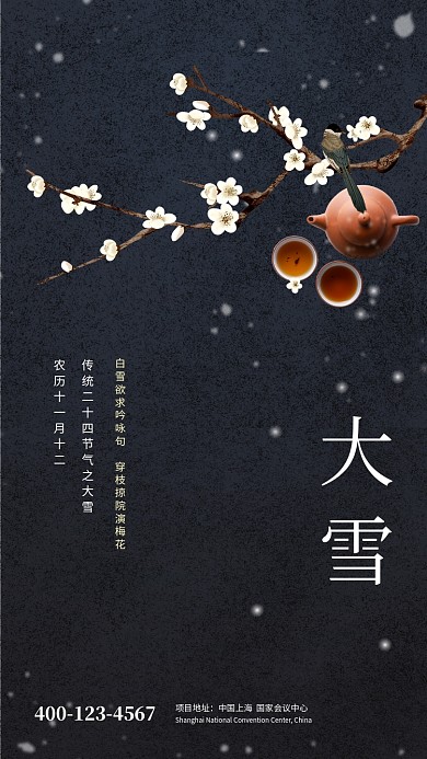 黑色大气简约大雪传统节气手机海报模板