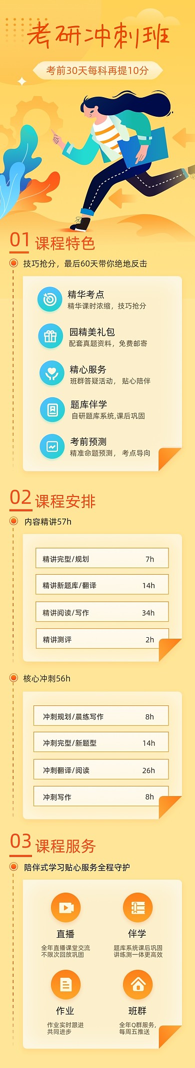 橙色卡通手绘考研冲刺班课程详情页
