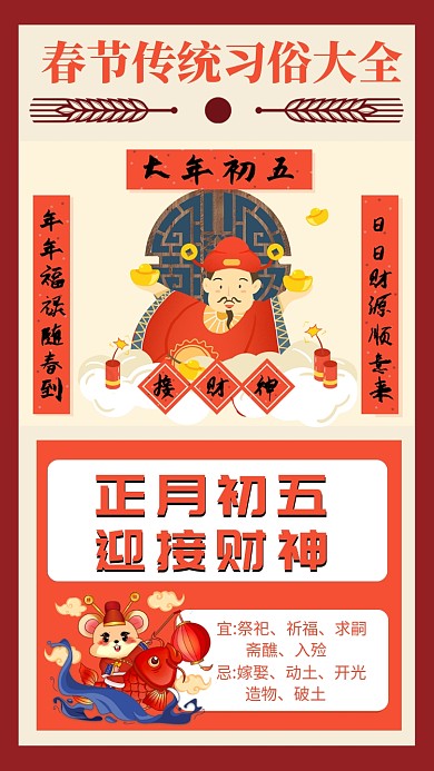 红色传统喜庆春节习俗手机海报模板