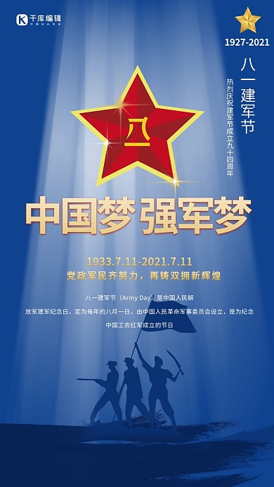 八一建军节中国梦军人蓝色简约大气海报