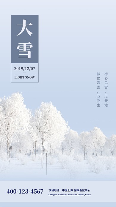 唯美清新简约大雪传统节气手机海报模板