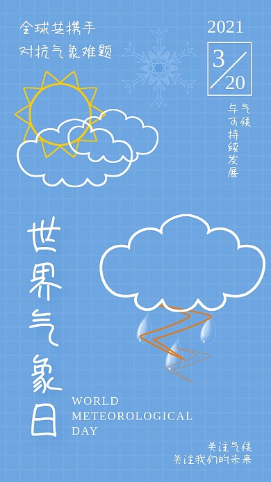 世界气象日蓝色创意图标手机海报