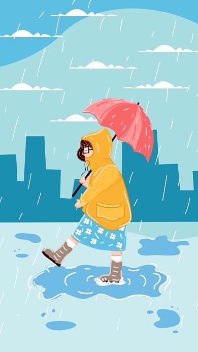 小清新人物雨中漫步的小女孩动画手机壁纸海报