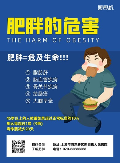 肥胖的危害健康蓝色卡通印刷海报
