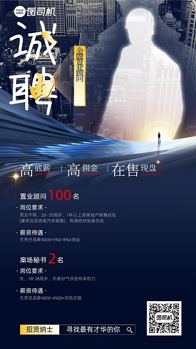 诚聘商务人物剪影手机海报