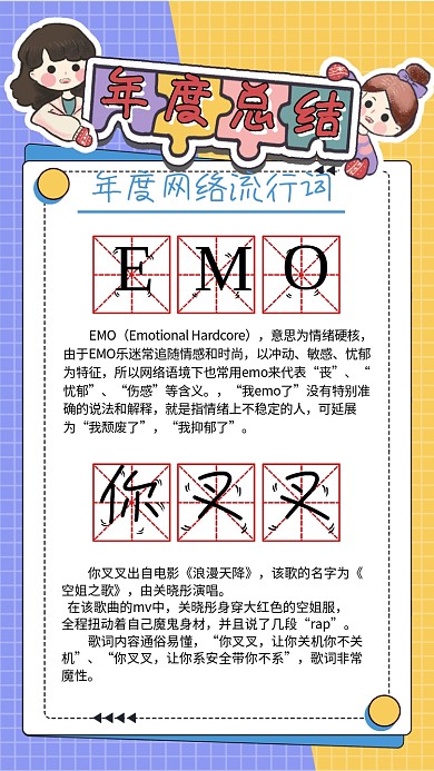 插画孟菲斯小清新年度总结网络流行词海报