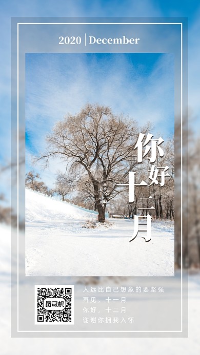 你好十二月蓝天雪地摄影图日签月签