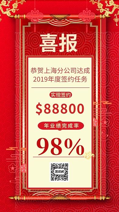 红色喜庆业绩达标喜报主题宣传手机海报