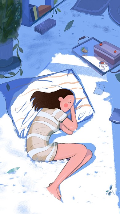 蓝白清新唯美房间女孩睡觉插画手机壁纸
